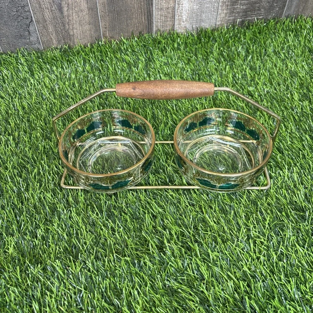 Vintage Gold Green Glass Bowls w/ Brass Tone‎ Caddy Wood Handle MCM Style Set